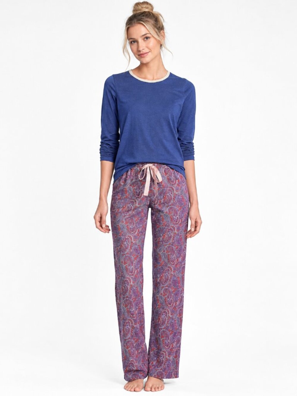 2/$30 Lands' End Pajama Ringer Sleep Shirt Long Sleeve Navy XS #A4945